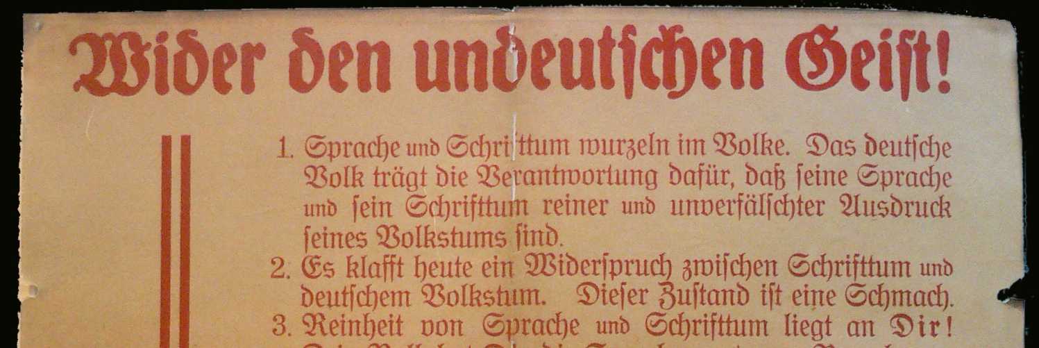 Ausschnitt aus dem Flugblatt "Wider den undeutschen Geist!" der Deutschen Studentenschaft in roter Frakturschrift, 10. Mai 1933